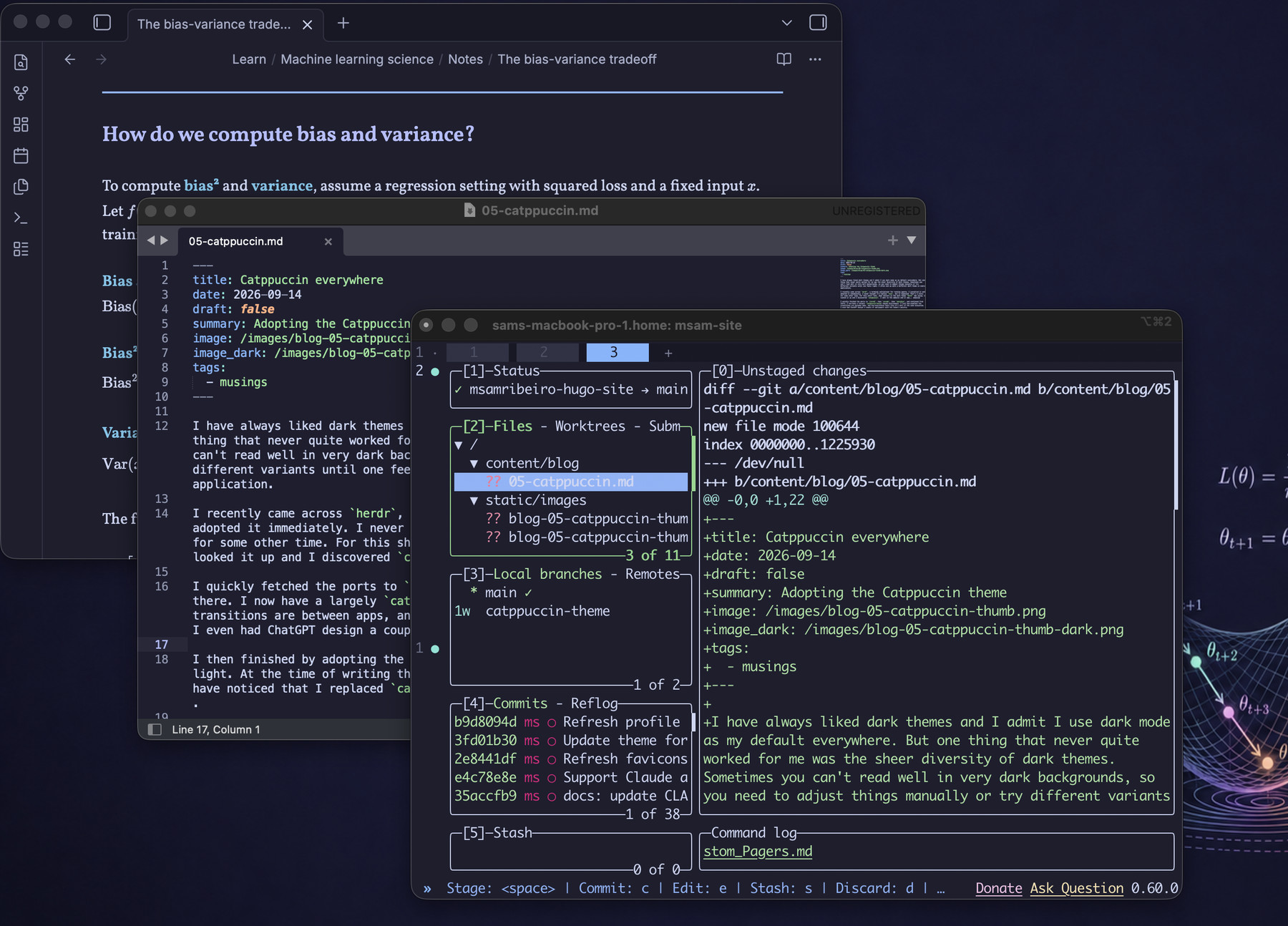 iTerm2 with Herdr, Sublime Text, Obsidian, and wallpaper, all in Catppuccin Mocha